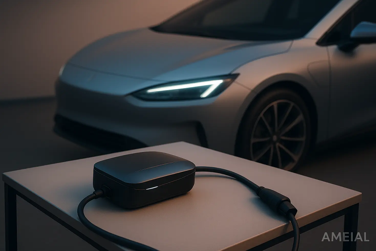 Cargador portátil para vehículo eléctrico en ambiente moderno, ideal para viajes.