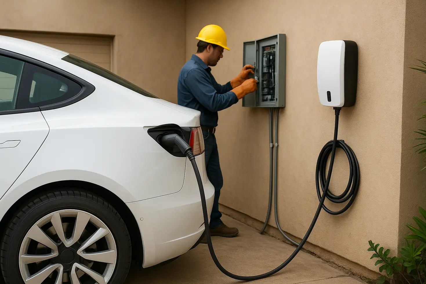 Vehículo eléctrico BYD conectado a un cargador doméstico con instalación eléctrica revisada