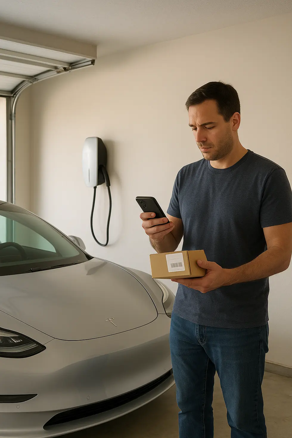 Propietario revisando un cargador Tesla de pared antes de instalarlo en casa en México