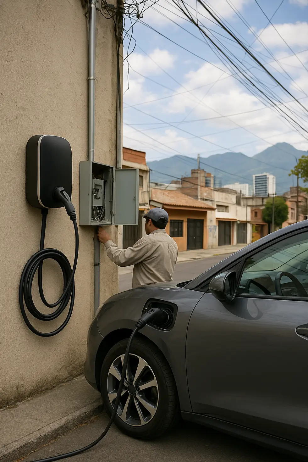 Coche eléctrico conectado a un cargador de pared en una zona urbana de México