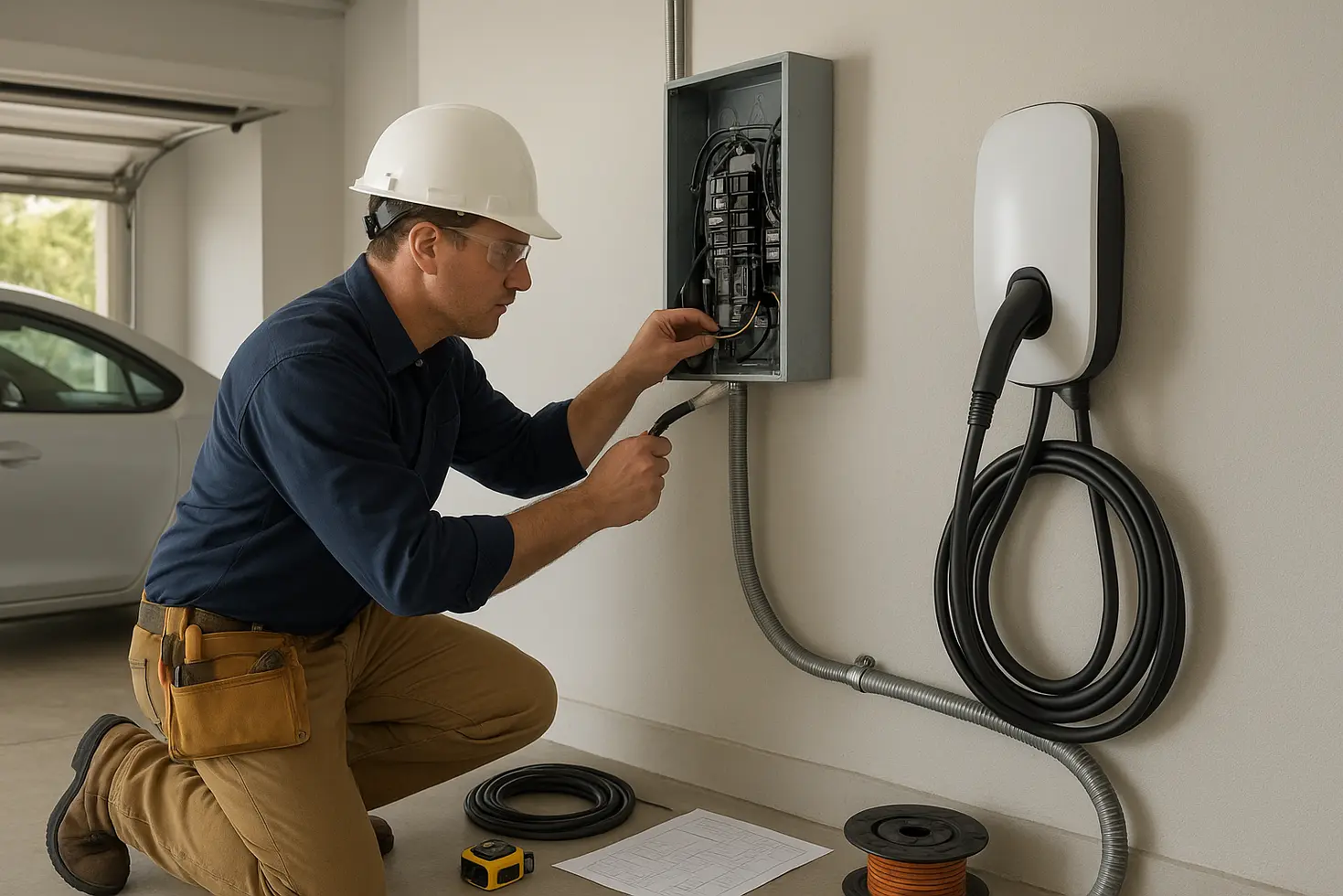 Electricista revisando el panel eléctrico durante la instalación de un cargador para coche eléctrico