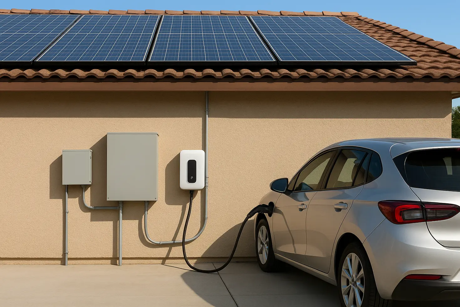 Paneles solares en una vivienda conectados a un cargador para coche eléctrico