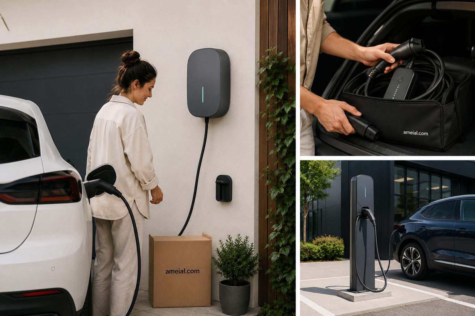 Wallbox doméstico y coche eléctrico en entorno residencial