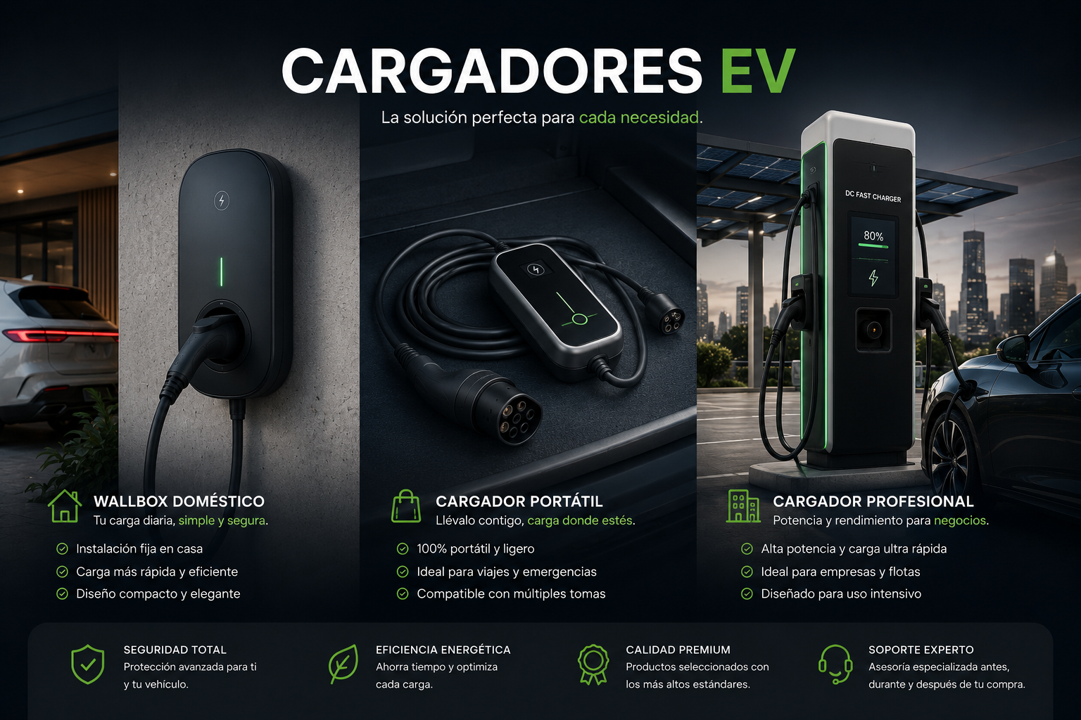 Cargador para coche eléctrico instalado junto a vehículo premium en arquitectura contemporánea