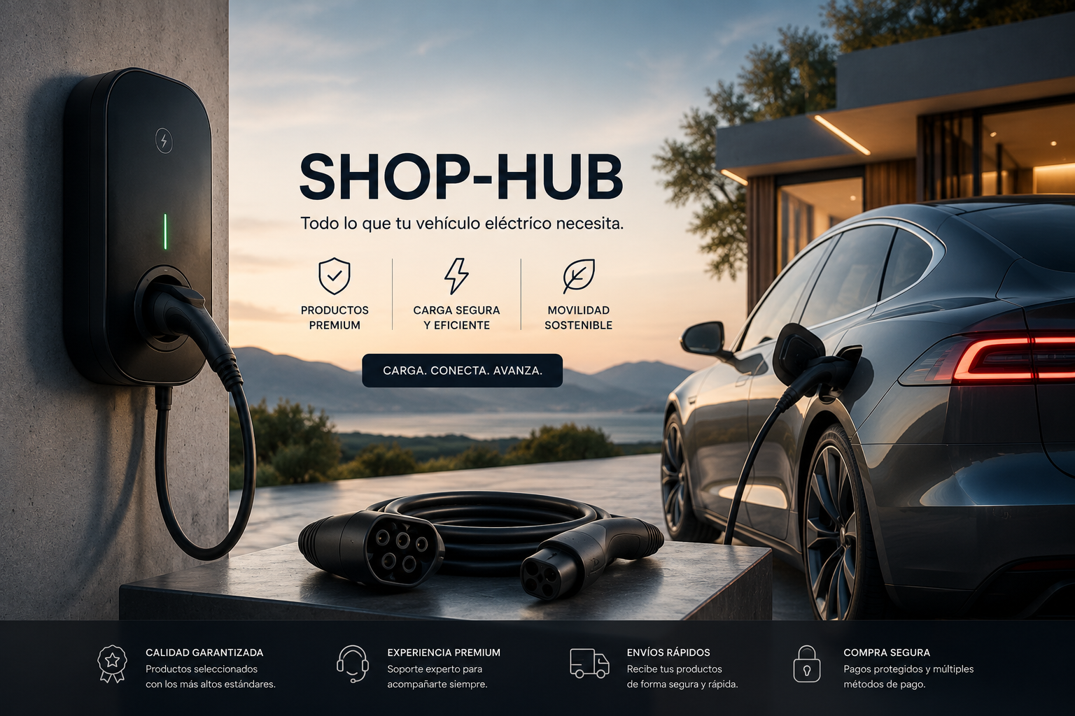 Cargador para coche eléctrico con cable y vehículo en entorno residencial premium