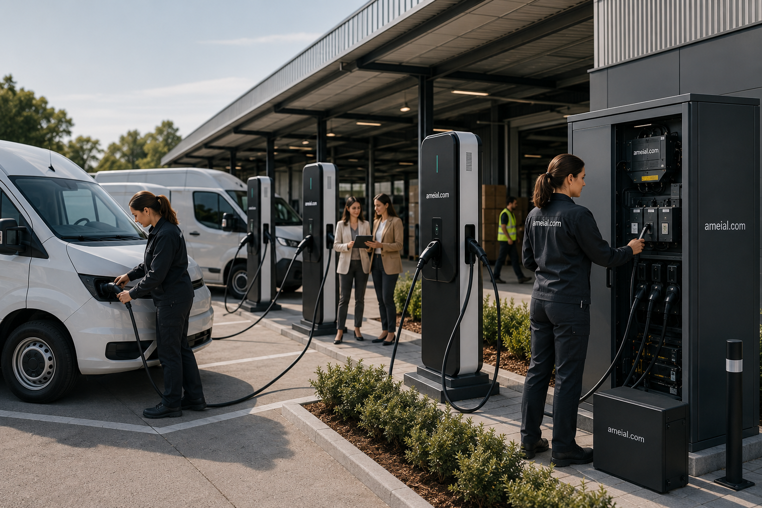 Patio logístico con varios vehículos eléctricos cargando