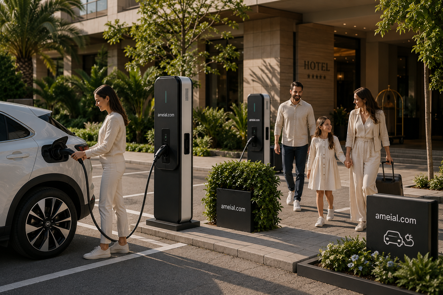 Hotel con puntos de carga visibles para huéspedes